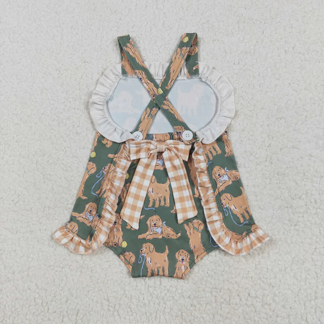 5.3 SR2986 Baby Infant Girls Green Strap Dogs Ruffle Romper