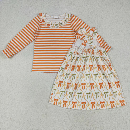 7.10 GT1074+GSD2676 Baby Girls Stripe Bows Top Pockets Knee Length Dresses 2pcs Clothes Set