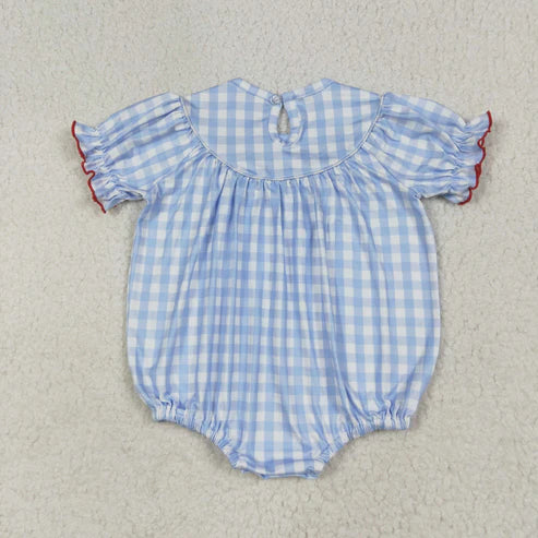 6.27 SR2981 Baby Infant Girls Blue Plaid Short Ruffle Sleeves Cows Pigs Farm Smocked Romper