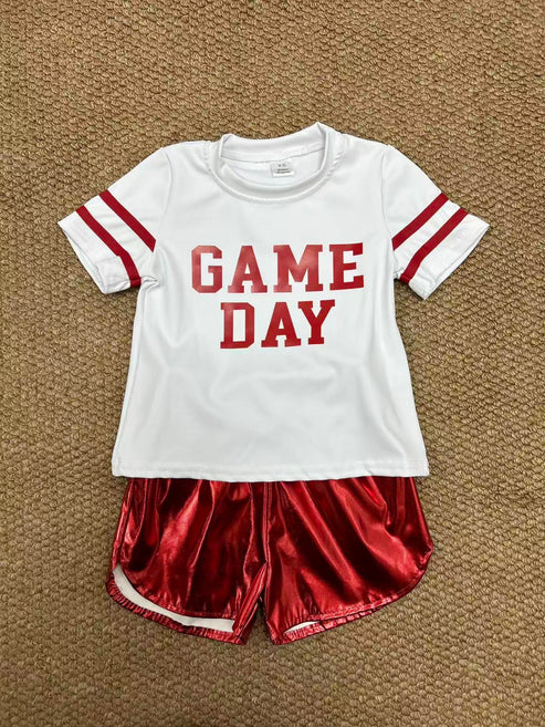 8.25 GT1102+SS0415 Baby Girls Vinyl Red Game Day Top Leather Shorts Team Active Set