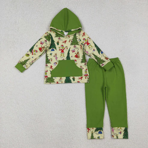 10.17 BLP1224 Baby Boys Green Faces Christmas Trees Pocket Hoodie Legging Pant Set
