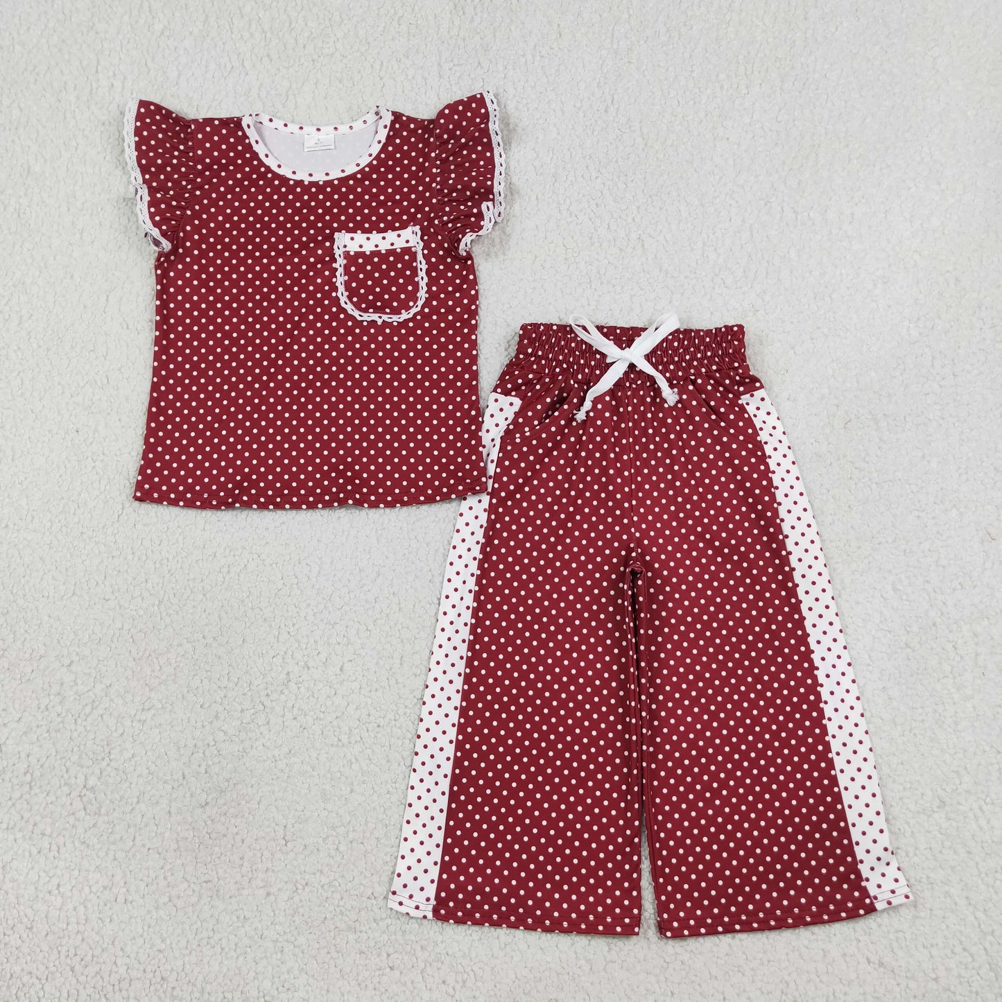 GSPO2329 Kids Clothing Baby Girls Maroon Polka Dots Pocket Top Flare Pant Clothes Sets