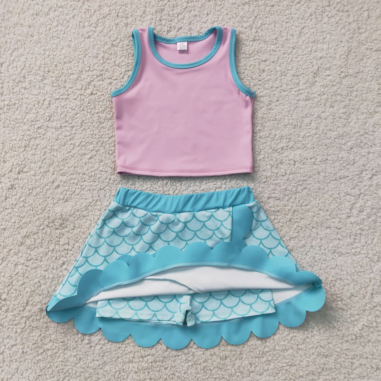 GSD4083 Kids Baby Girls Pink Aqua Vest Mermaid Scallop Skirt Short Yoga Active Clothes Set