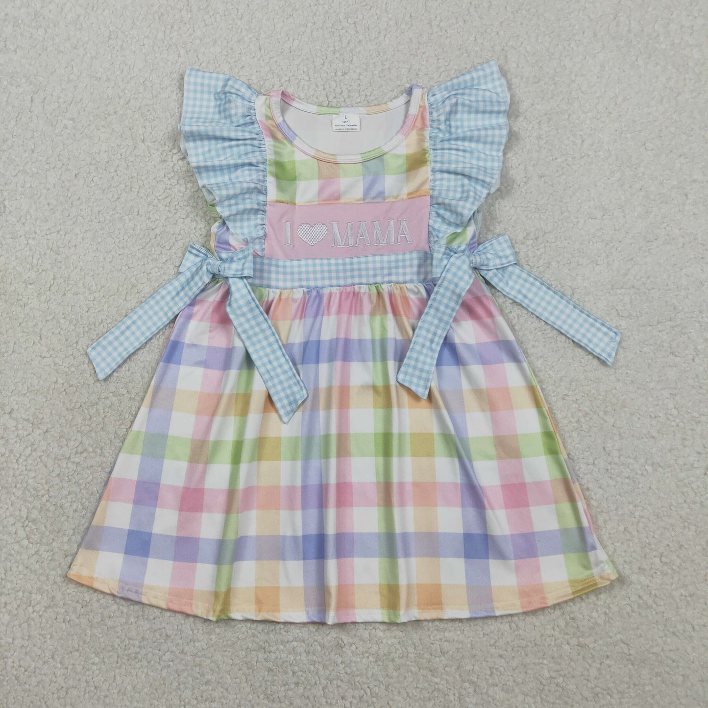 GSD2940 Kids Baby Girl Embroidery I Love Mama Colorful Checked Knee Length Dress