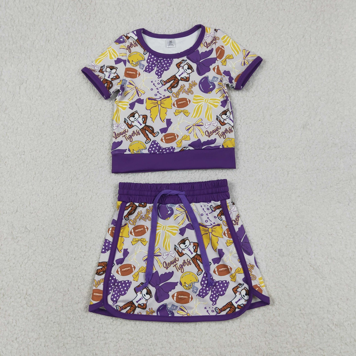 GSD3695 Kids Baby Girls Bow Football LSU Tigers Top Skirt Short Team Yoga Active Clothes Sets