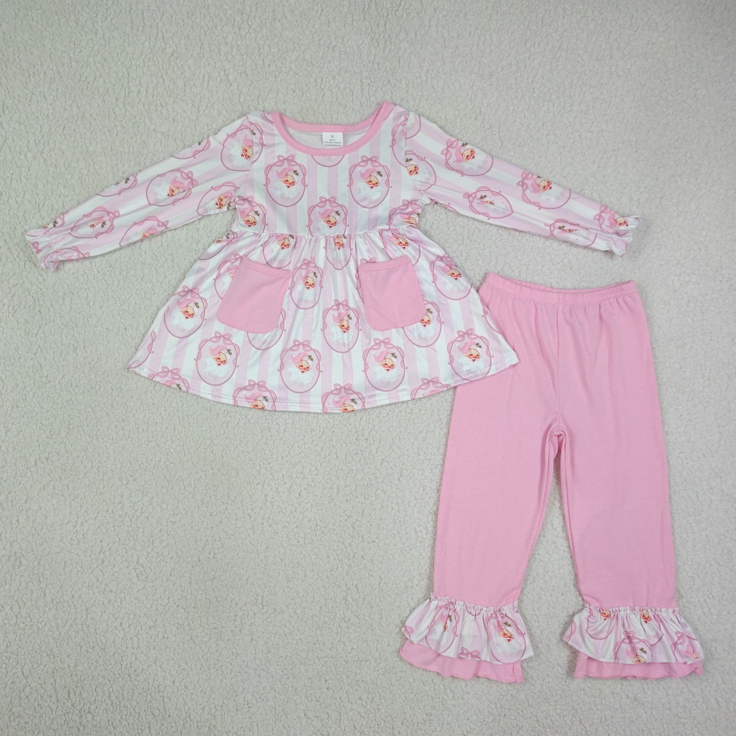 GLP3456 Kids Clothing Baby Girl Pink Stripe Bows Santa Pockets Tunic Ruffle Pant Christmas Clothes Sets
