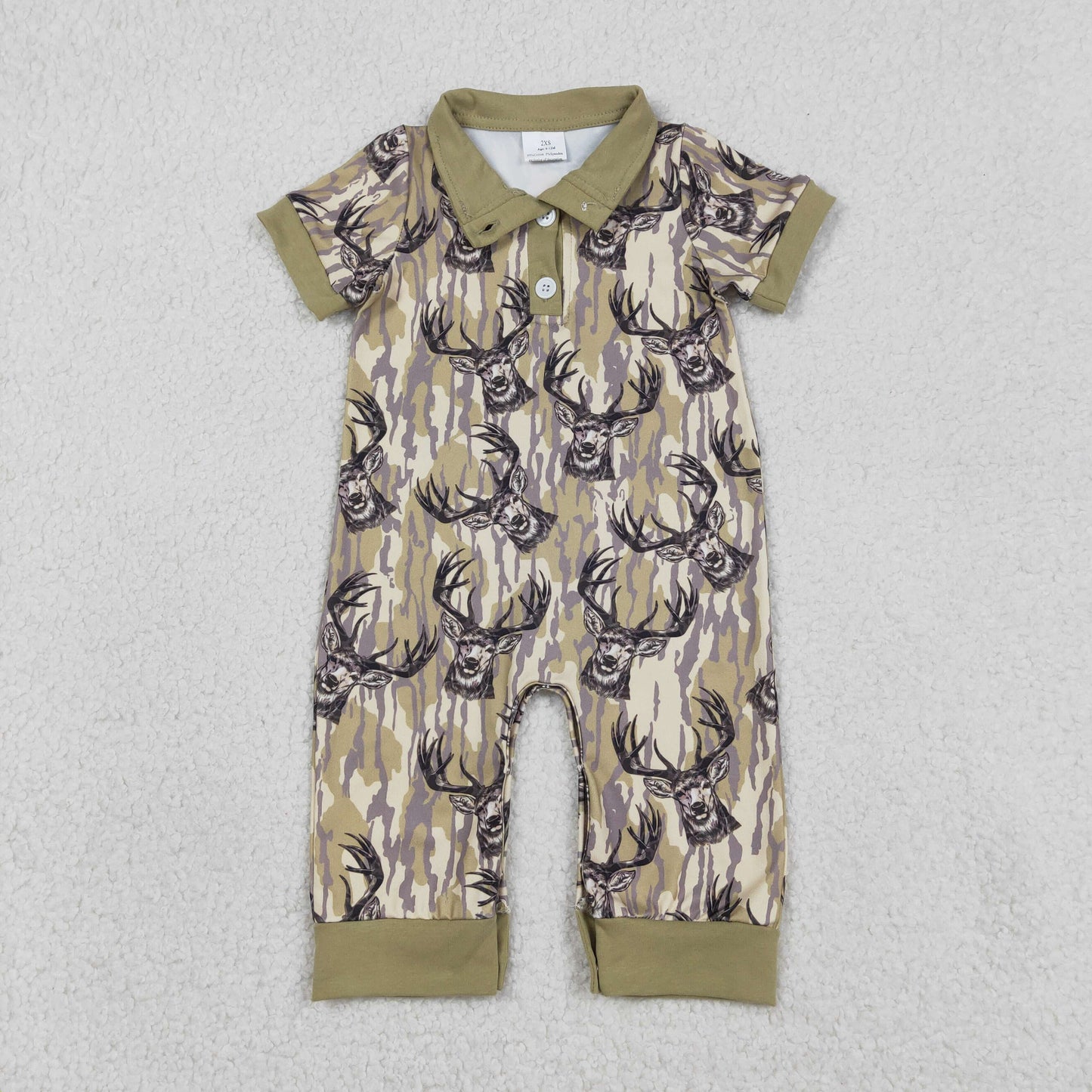 RTS NO MOQ(In Stock) SR3635 Green Camouflage Button-Down Short-Sleeve Jumpsuit with Reindeer Bow Pattern