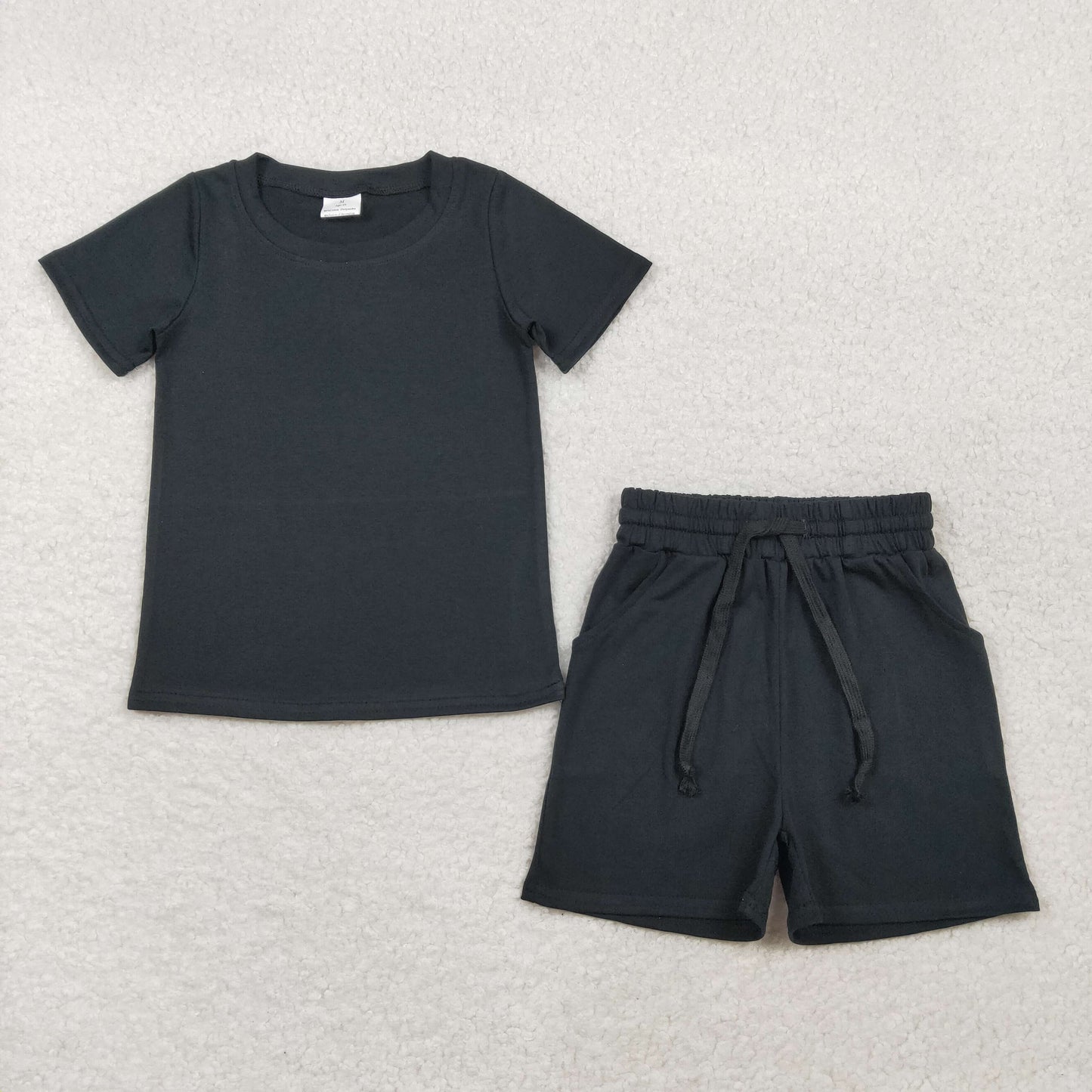 BSSO1889 Kids Baby Boy Short Sleeve Black Shirts Top Pockets Shorts Clothes Sets