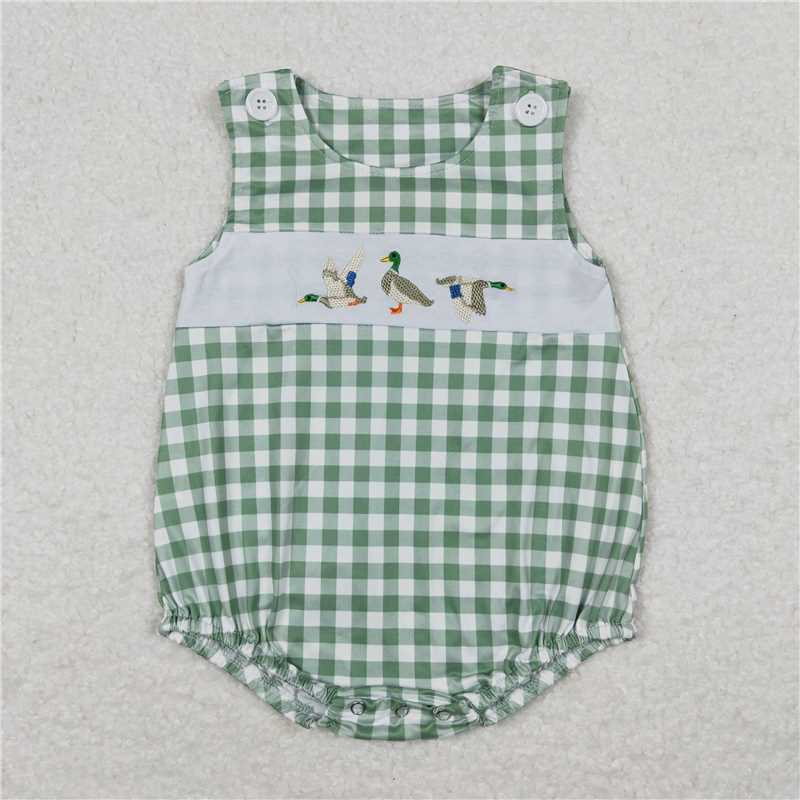 SR1066 Baby Infant Boys Green Checkered Duck Sleeveless Rompers
