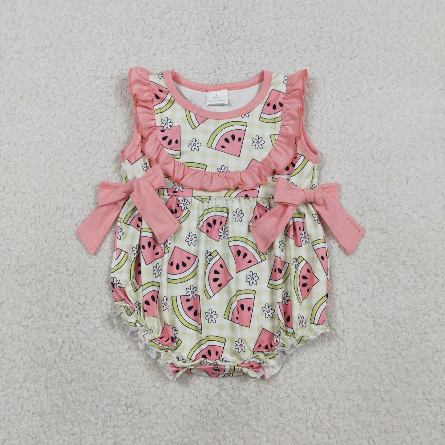 SR3920 Baby Girl Sleeveless Green Checked Watermelons Ruffle Rompers