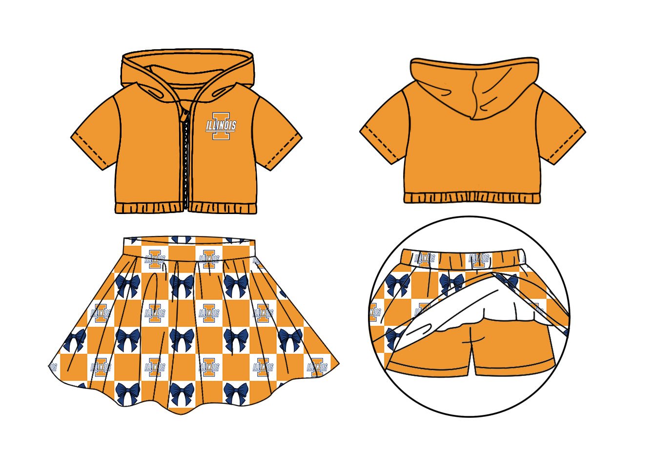 Custom Milk Silk Order MOQ:3 or 5 pcs Each Design Team State Girl Summer Bow Orange Zipper Hooded Short Sleeve Short Skirts Sets-26.1.20