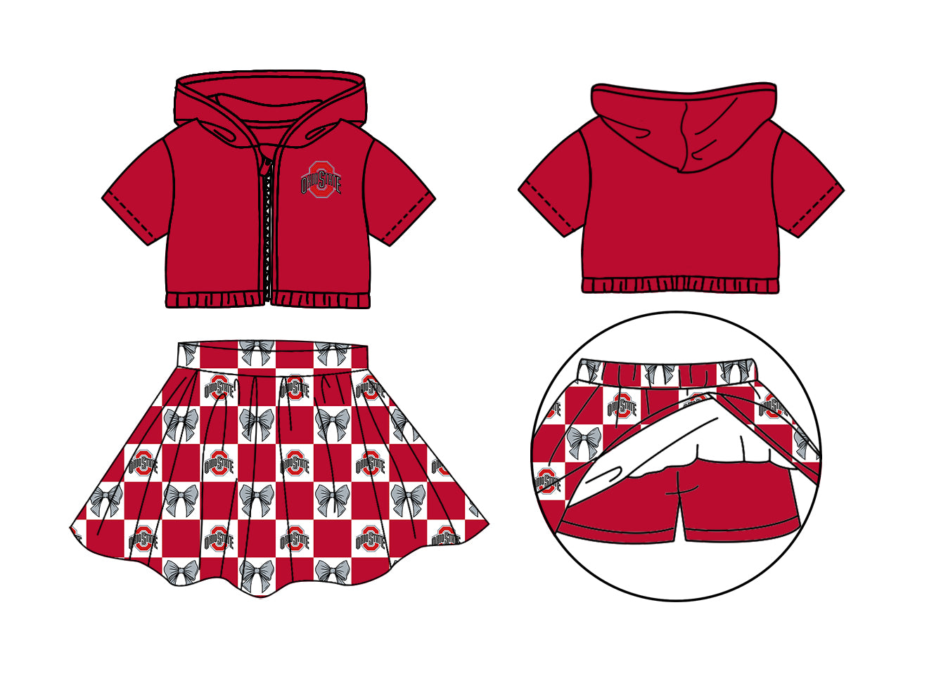 Custom Milk Silk Order MOQ:3 or 5 pcs Each Design Team State Girl Summer Bow Red Zipper Hooded Short Sleeve Short Skirts Sets-26.1.22