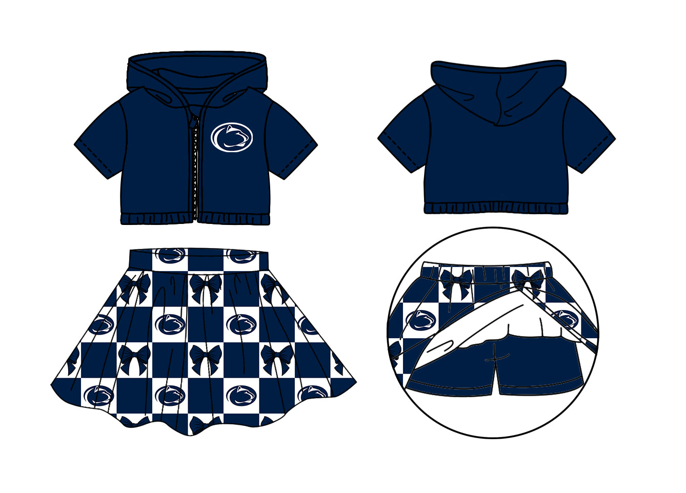 Custom Milk Silk Order MOQ:3 or 5 pcs Each Design Team State Girl Summer Bow Dark Blue Zipper Hooded Short Sleeve Short Skirts Sets-26.1.23
