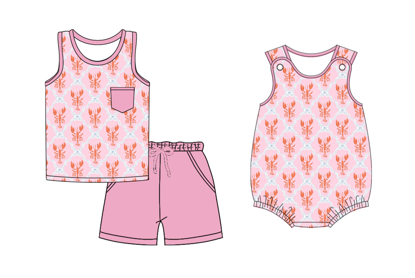 26.1.3 Custom MOQ:3 or 5 pcs each design milk silk Sibling baby girl clothes lobster bow short sleeve shorts sets and romper