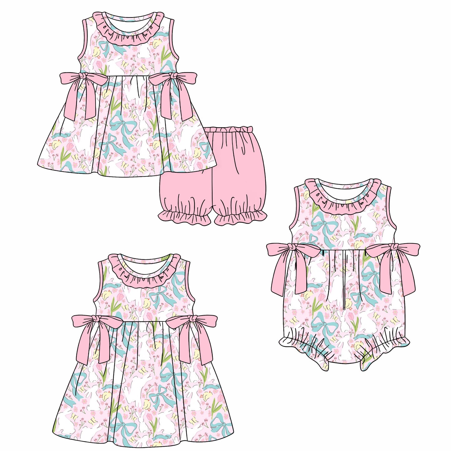 26.1.14 Custom MOQ:3 or 5 pcs each design milk silk Sibling baby girl clothes easter bunny bow short sleeve shorts sets and dress and romper
