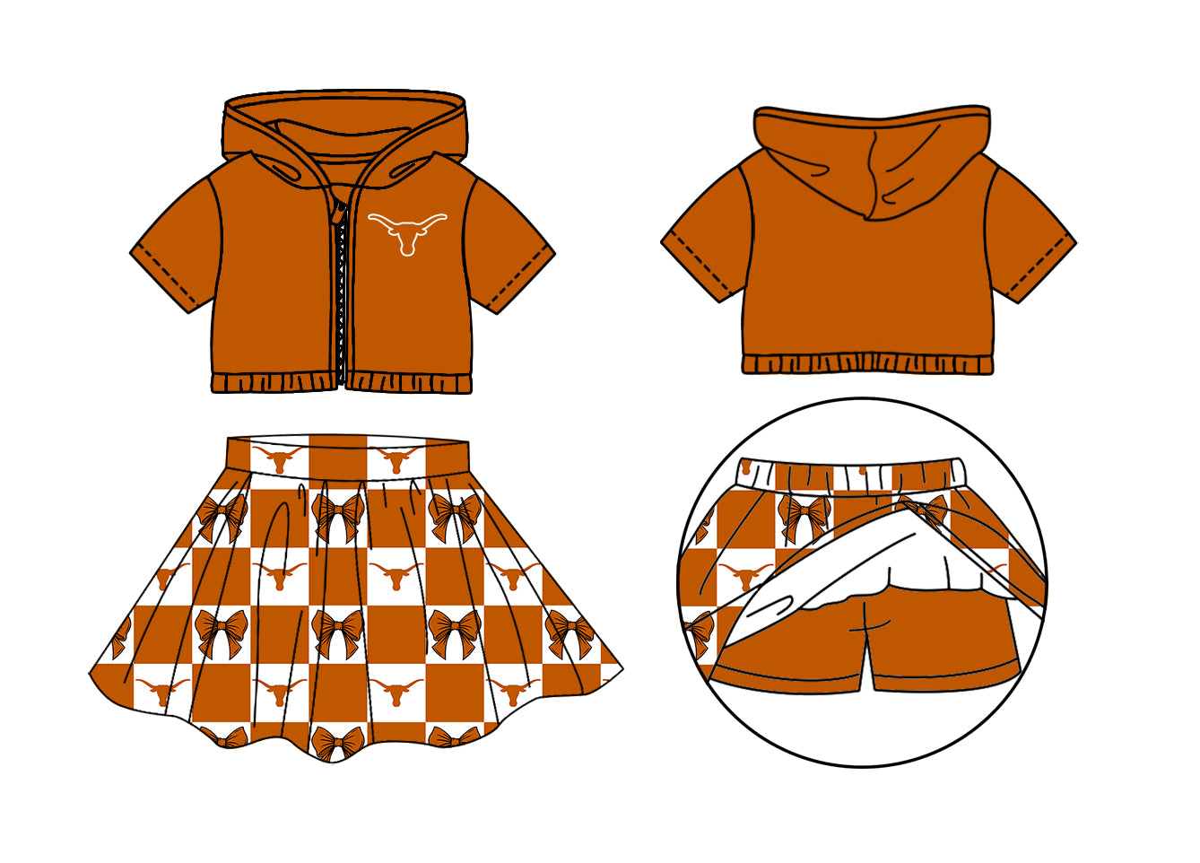 Custom Moq 3 or 5 Team Design Baby Girl Bull Skulls Bows Zipper Hoodie Jackets Skirt Short Team Clothes Sets