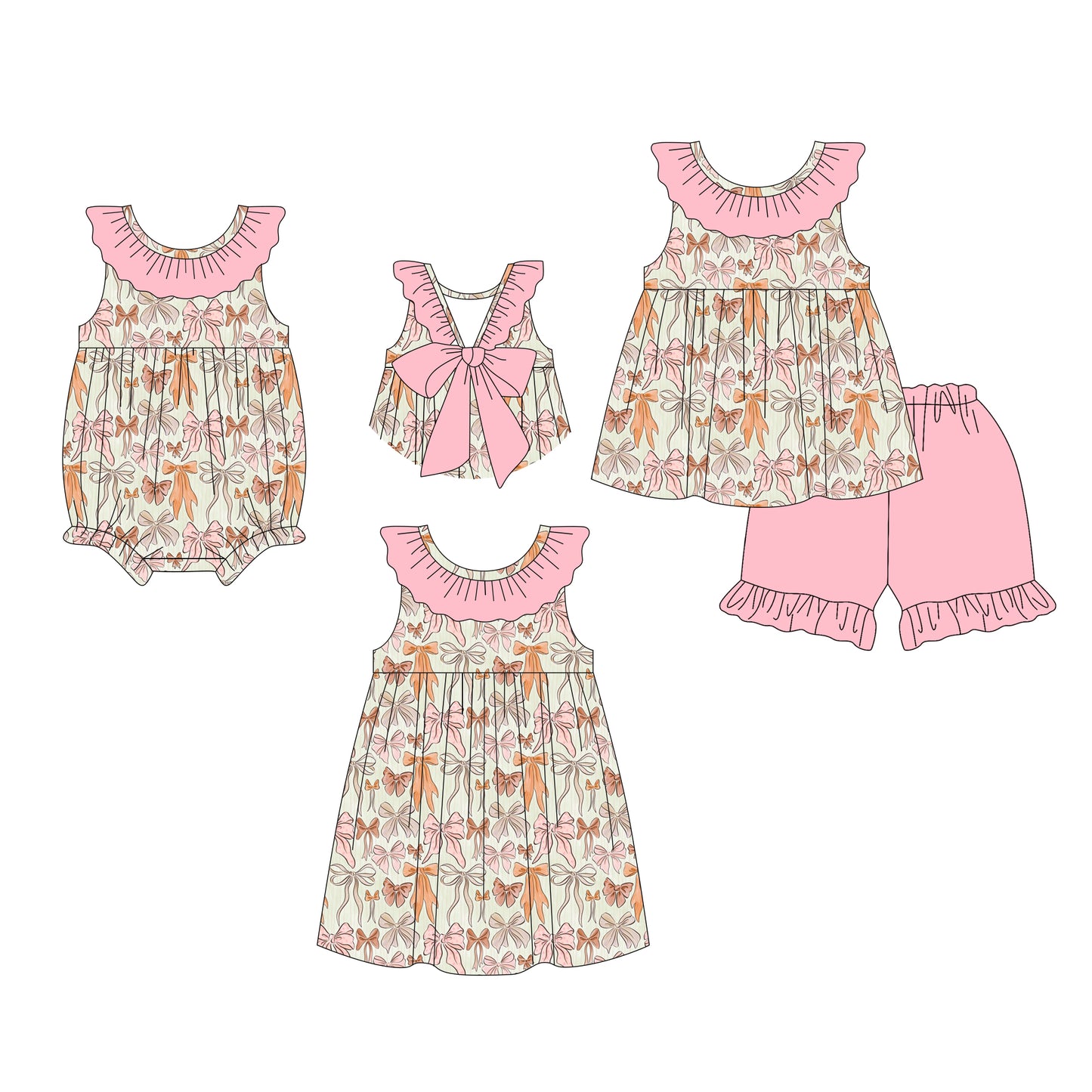 26.1.9 Custom MOQ:3 or 5 pcs each design milk silk Sibling baby girl clothes bow short sleeve shorts sets and dress and romper
