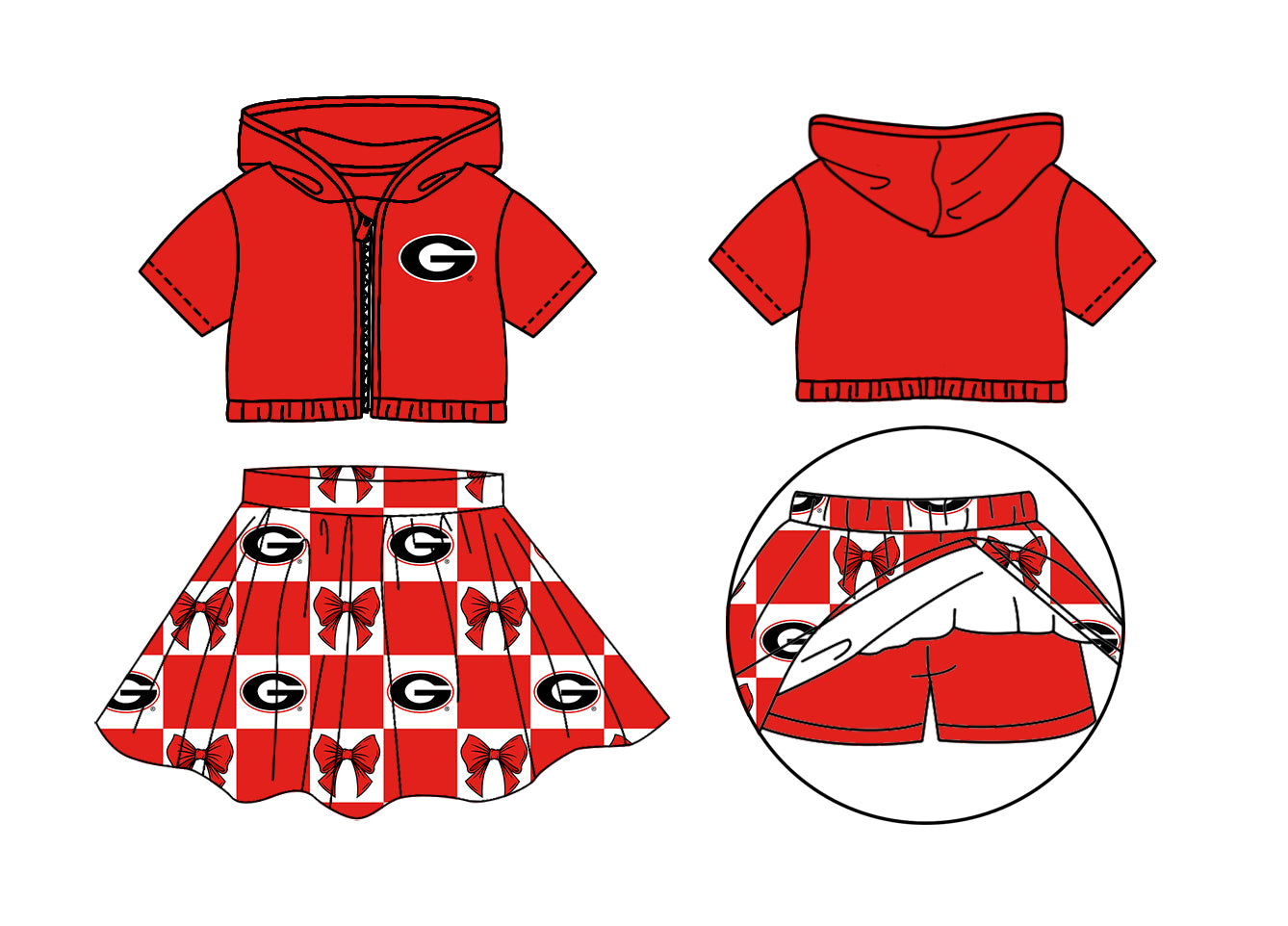 Custom Milk Silk Order MOQ:3 or 5 pcs Each Design Team State Girl Summer Bow Red Zipper Hooded Short Sleeve Short Skirts Sets-26.1.17