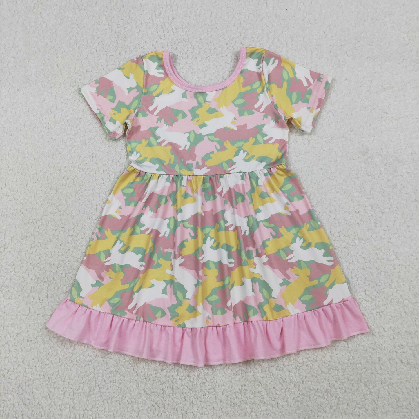 RTS NO MOQ(In Stock) GSD3286 Pink camouflage short-sleeved dress with rabbit trim