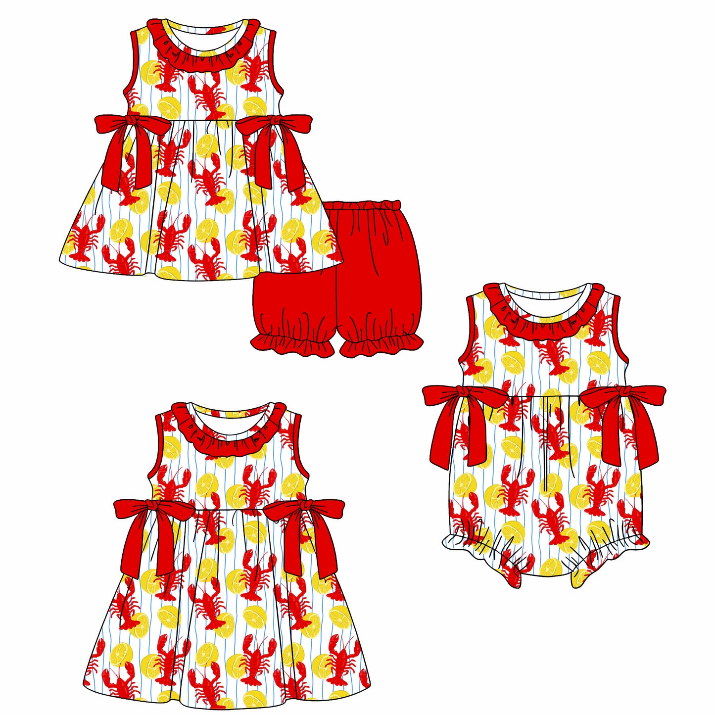 26.1.14 Custom MOQ:3 or 5 pcs each design milk silk Sibling baby girl clothes lobster short sleeve shorts sets and dress and romper