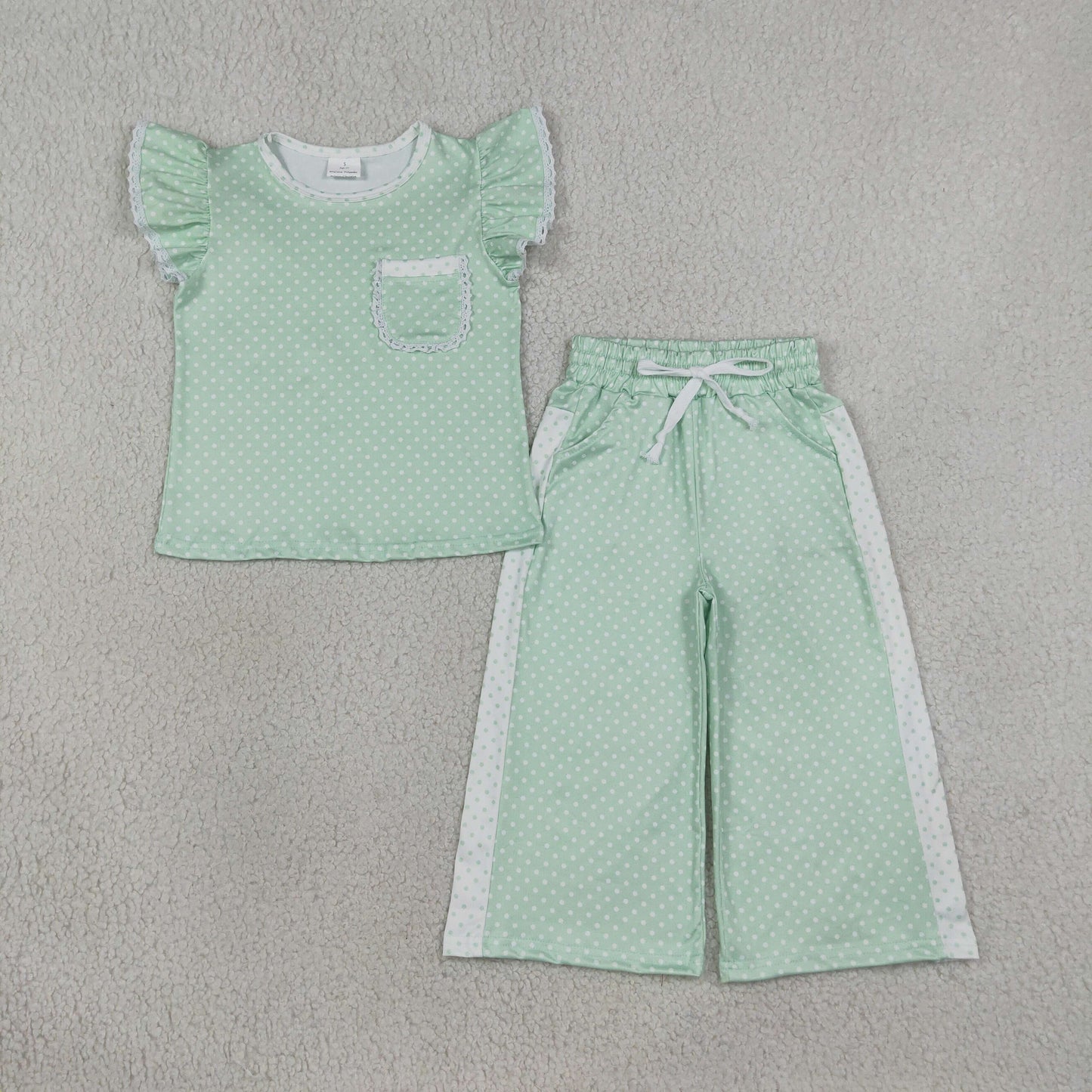 GSPO2332 Kids Clothing Baby Girls Light Green Polka Dots Pocket Top Flare Pant Clothes Sets
