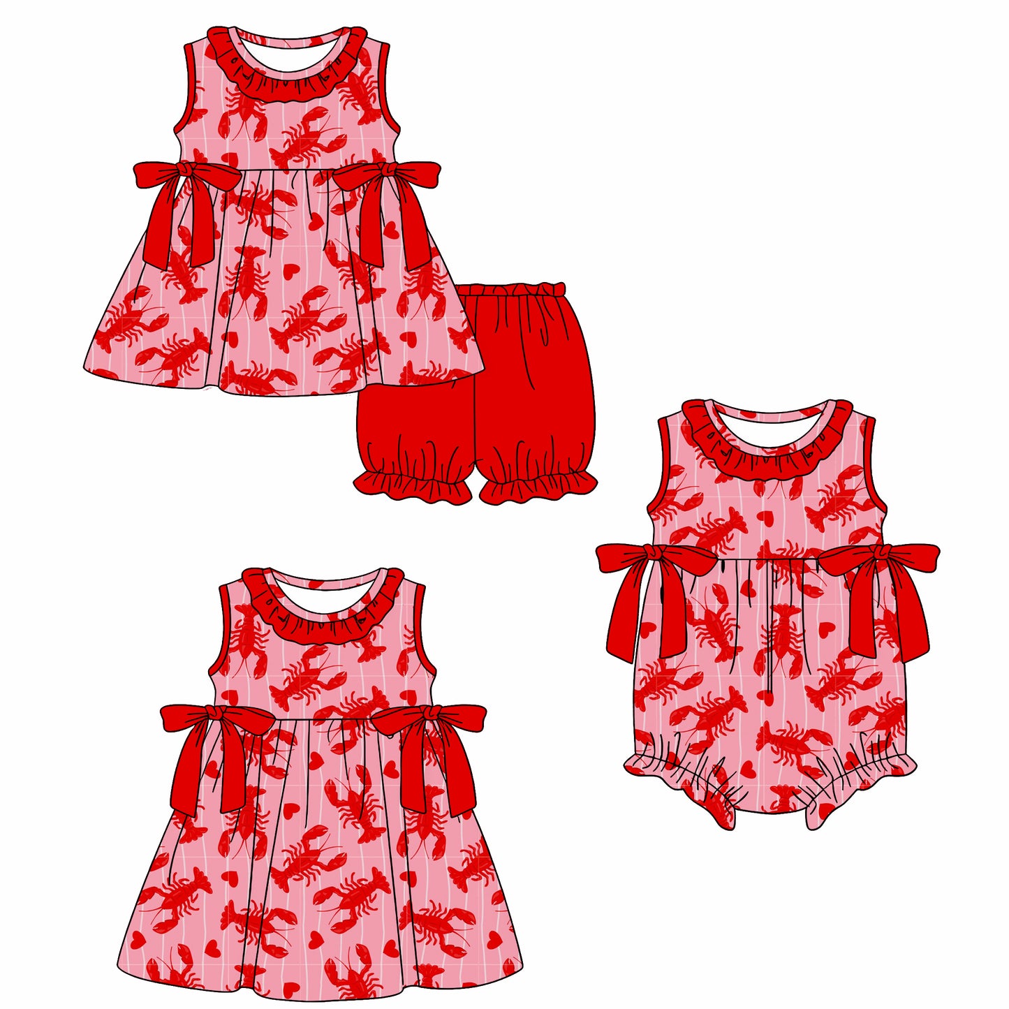 26.1.14 Custom MOQ:3 or 5 pcs each design milk silk Sibling baby girl clothes lobster short sleeve shorts sets and dress and romper