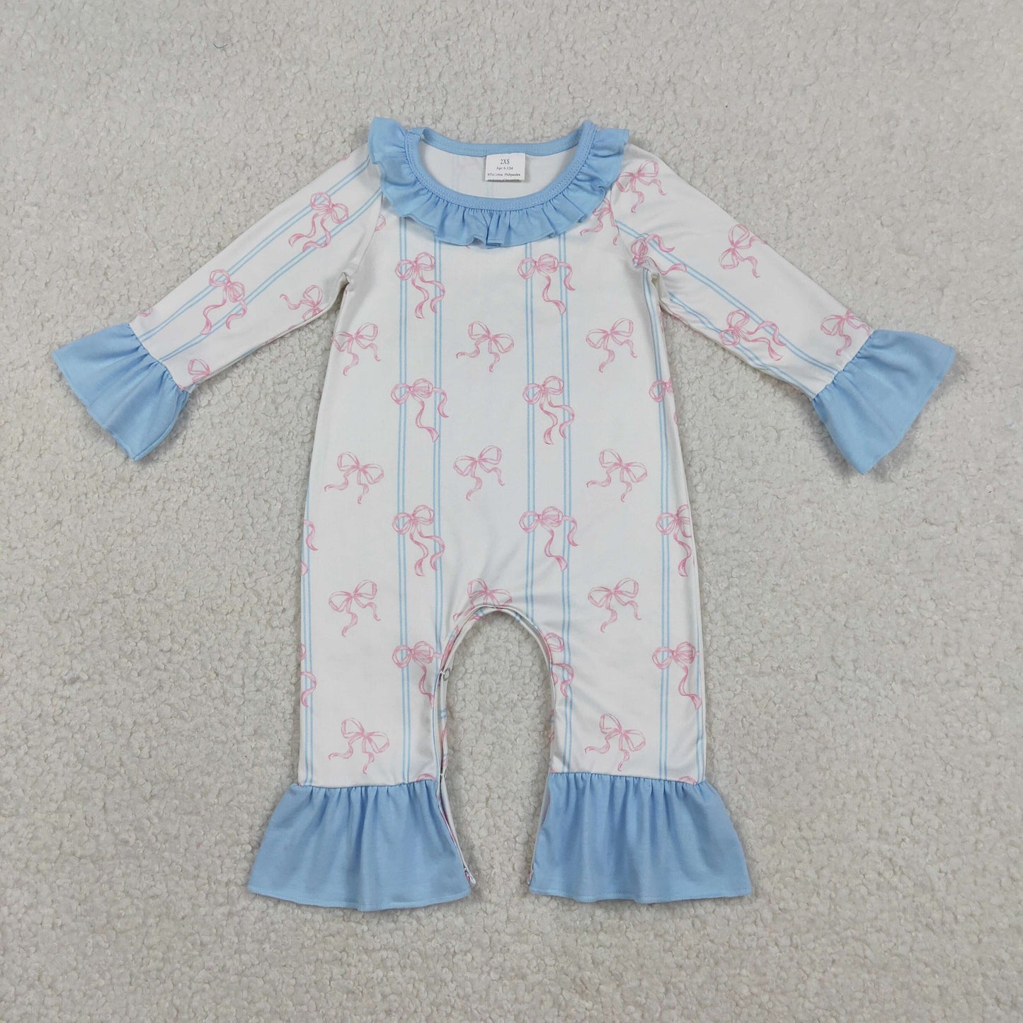 RTS NO MOQ(In Stock) Pink Bow Pattern Blue Striped White Long-Sleeve Jumpsuit