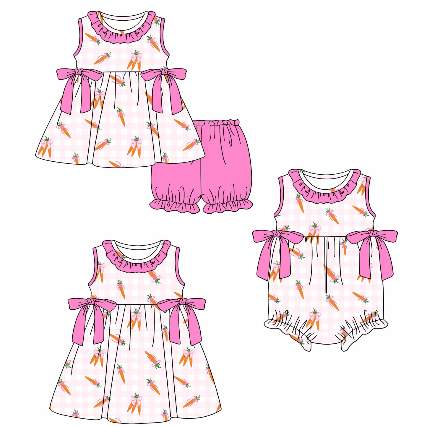 26.1.14 Custom MOQ:3 or 5 pcs each design milk silk Sibling baby girl clothes carrot short sleeve shorts sets and dress and romper