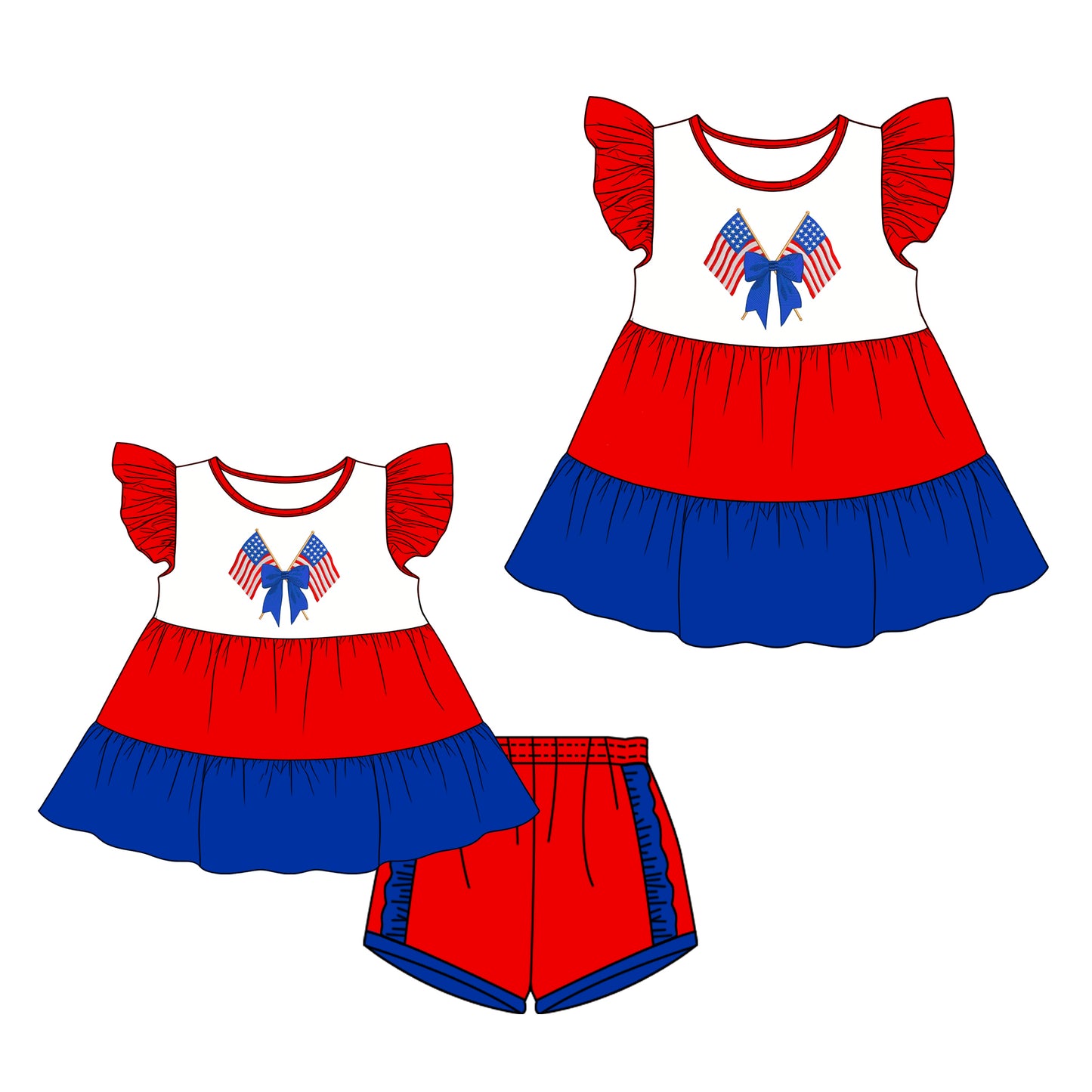 26.1.1 Custom MOQ:3 or 5 pcs each design milk silk Sibling baby girl clothes flag bow short sleeve shorts sets and dress