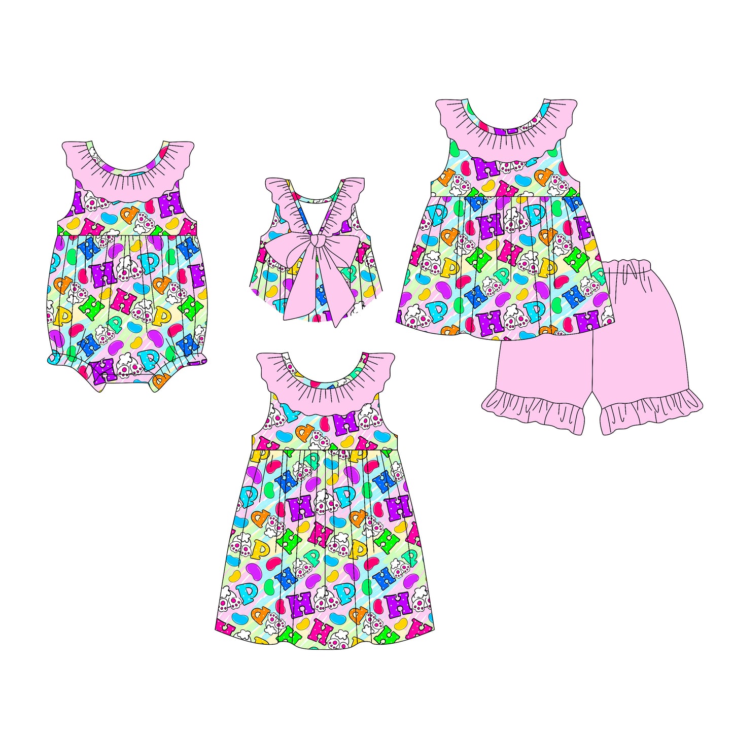 26.1.5 Custom MOQ:3 or 5 pcs each design milk silk Sibling baby girl clothes easter HAPPY short sleeve shorts sets and dress and romper