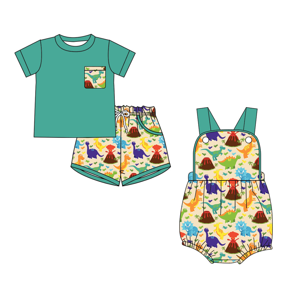 26.1.12 Custom MOQ:3 or 5 pcs each design milk silk Sibling baby boy clothes dinosaur short sleeve shorts sets and romper