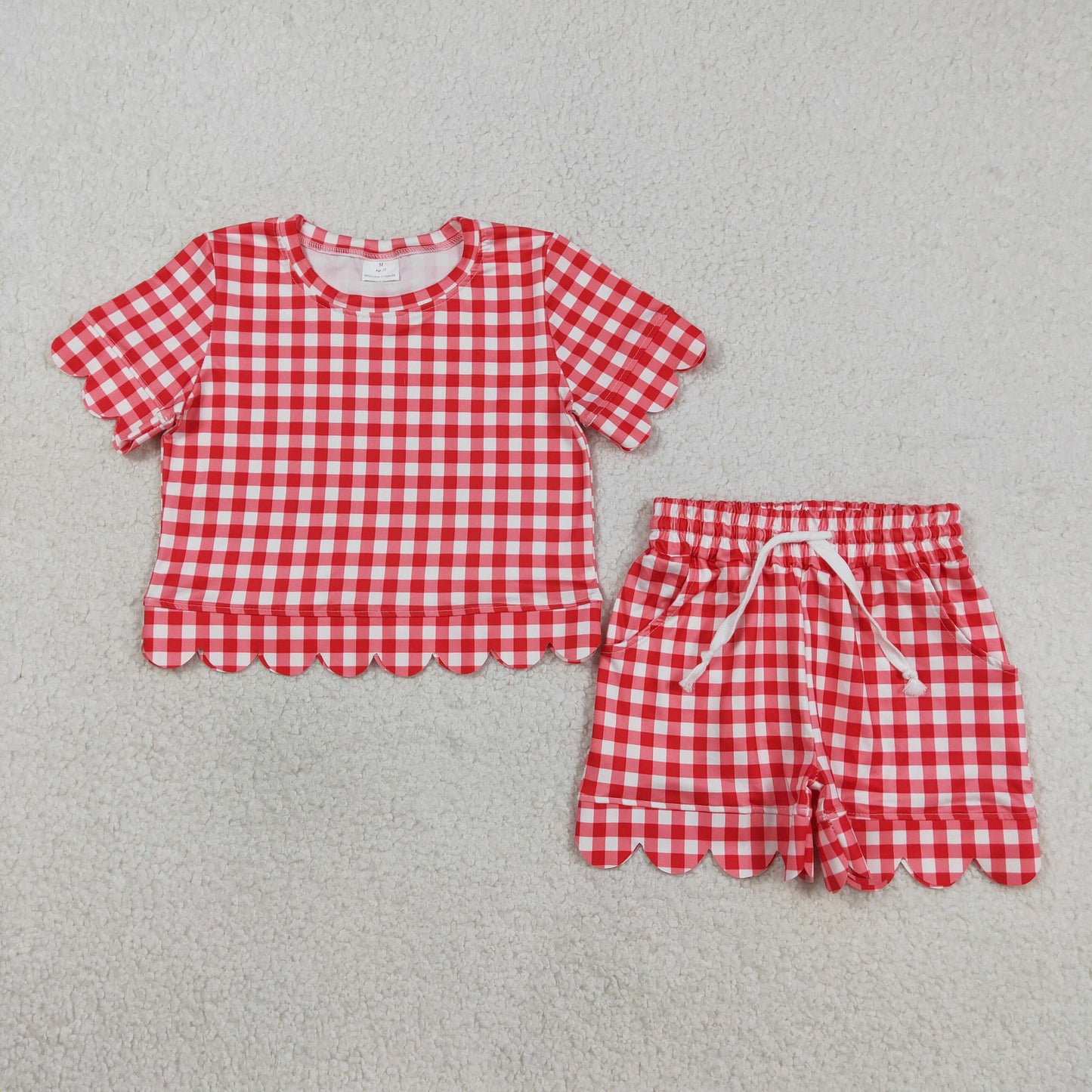 GSSO3187 Kids Baby Girl Red Checked Shirts Top Pockets Short Scallop Clothes Set