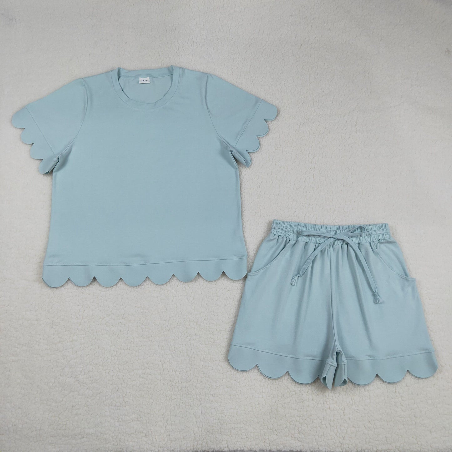 GSSO3202 Adult Women Light Blue Shirts Top Scallop Shorts Clothes Sets