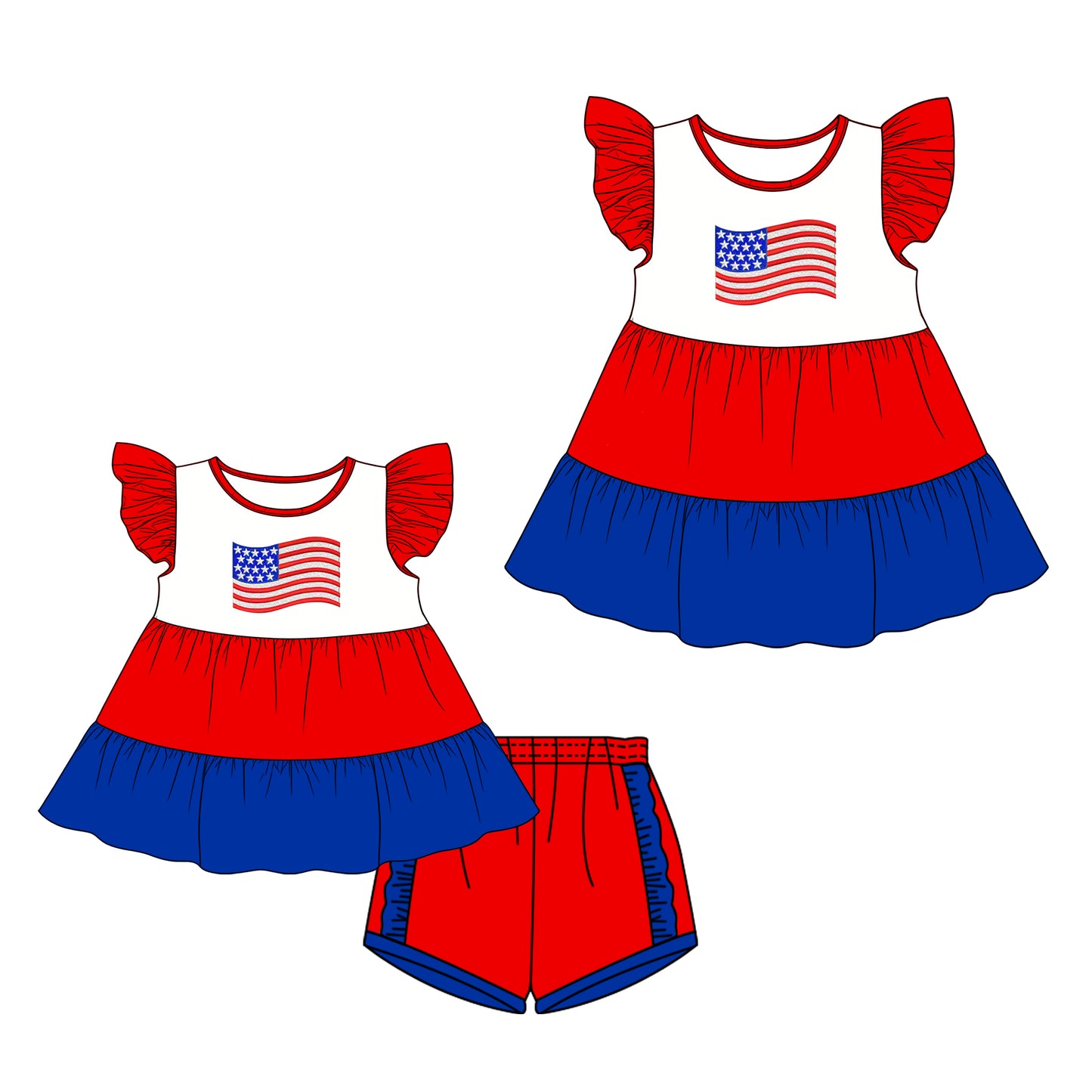 26.1.1 Custom MOQ:3 or 5 pcs each design milk silk Sibling baby girl clothes flag short sleeve shorts sets and dress