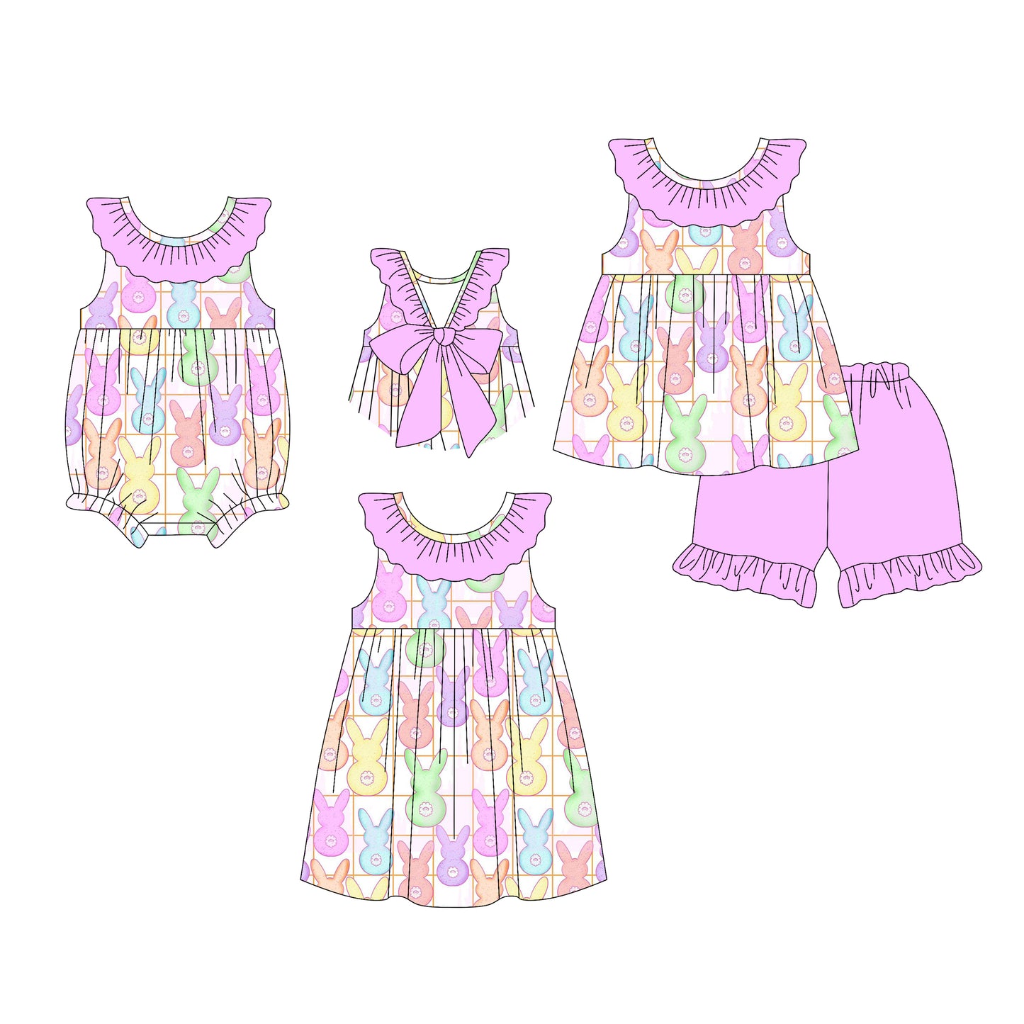 26.1.2 Custom MOQ:3 or 5 pcs each design milk silk Sibling baby girl clothes easter short sleeve shorts sets and dress and romper