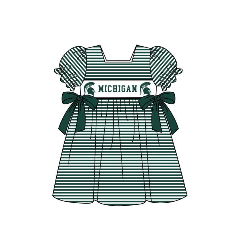 1.31 Custom Order Moq 3 Baby Girl Michigan Team Bows Stripe Ruffle Knee Length Dresses