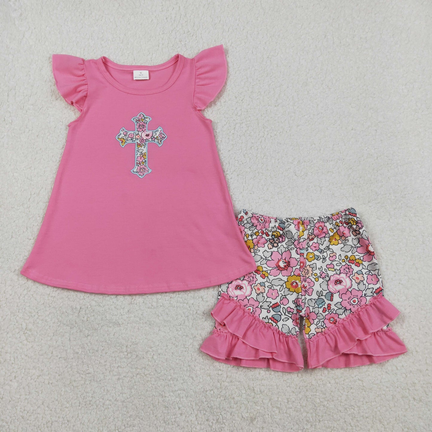 RTS NO MOQ(In Stock) GSSO3069 Embroidered Floral Cross Pink Flutter Sleeve Shorts Set