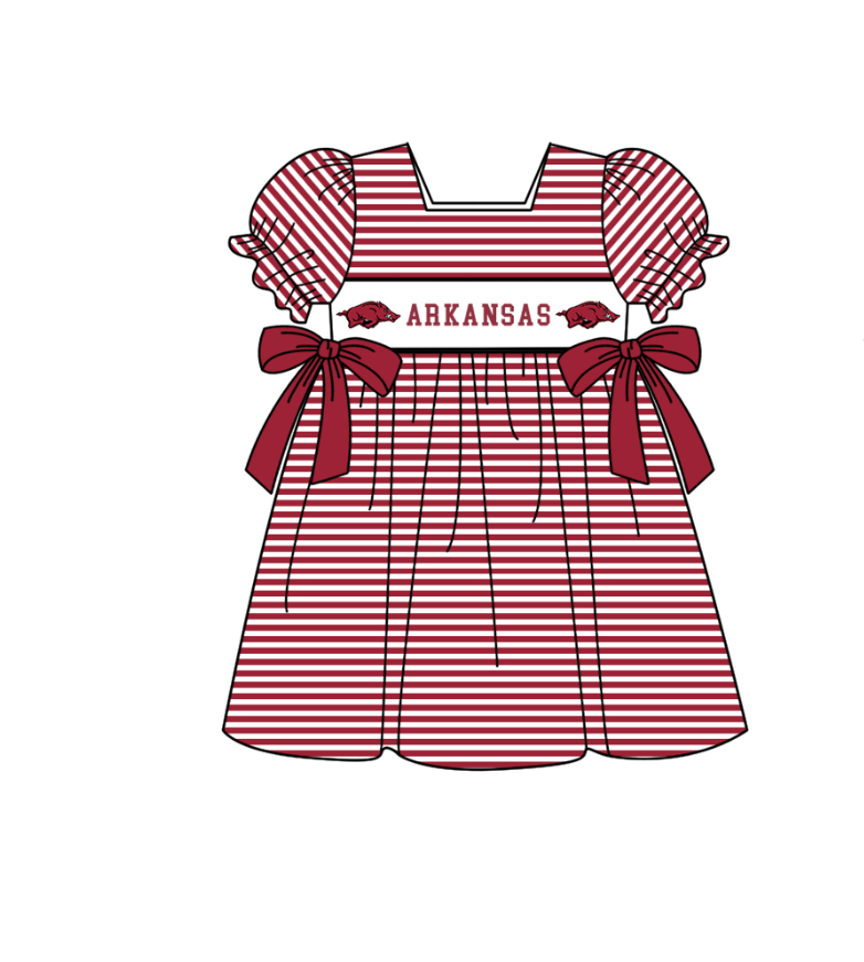 1.29 Custom Order Moq 3 Baby Girl Arkansas Team Bows Stripe Ruffle Knee Length Dresses