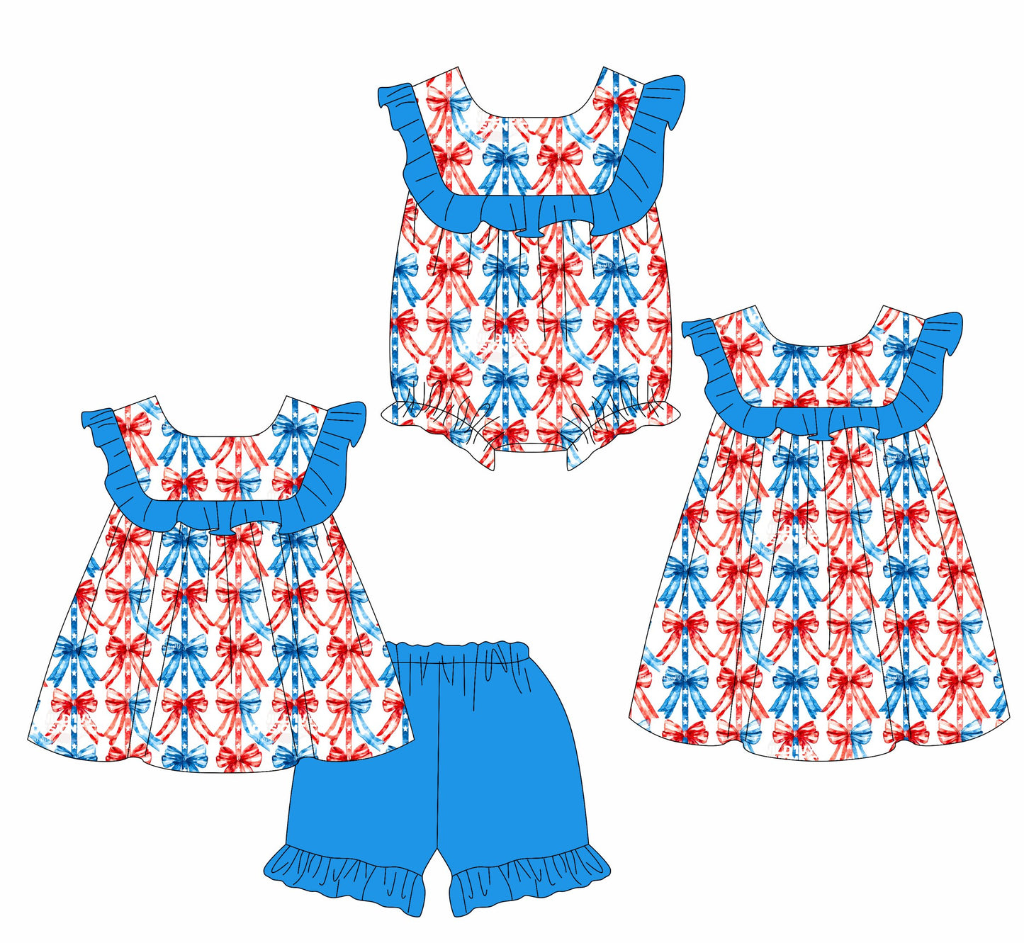 26.1.14 Custom MOQ:3 or 5 pcs each design milk silk Sibling baby girl clothes bow short sleeve shorts sets and dress and romper