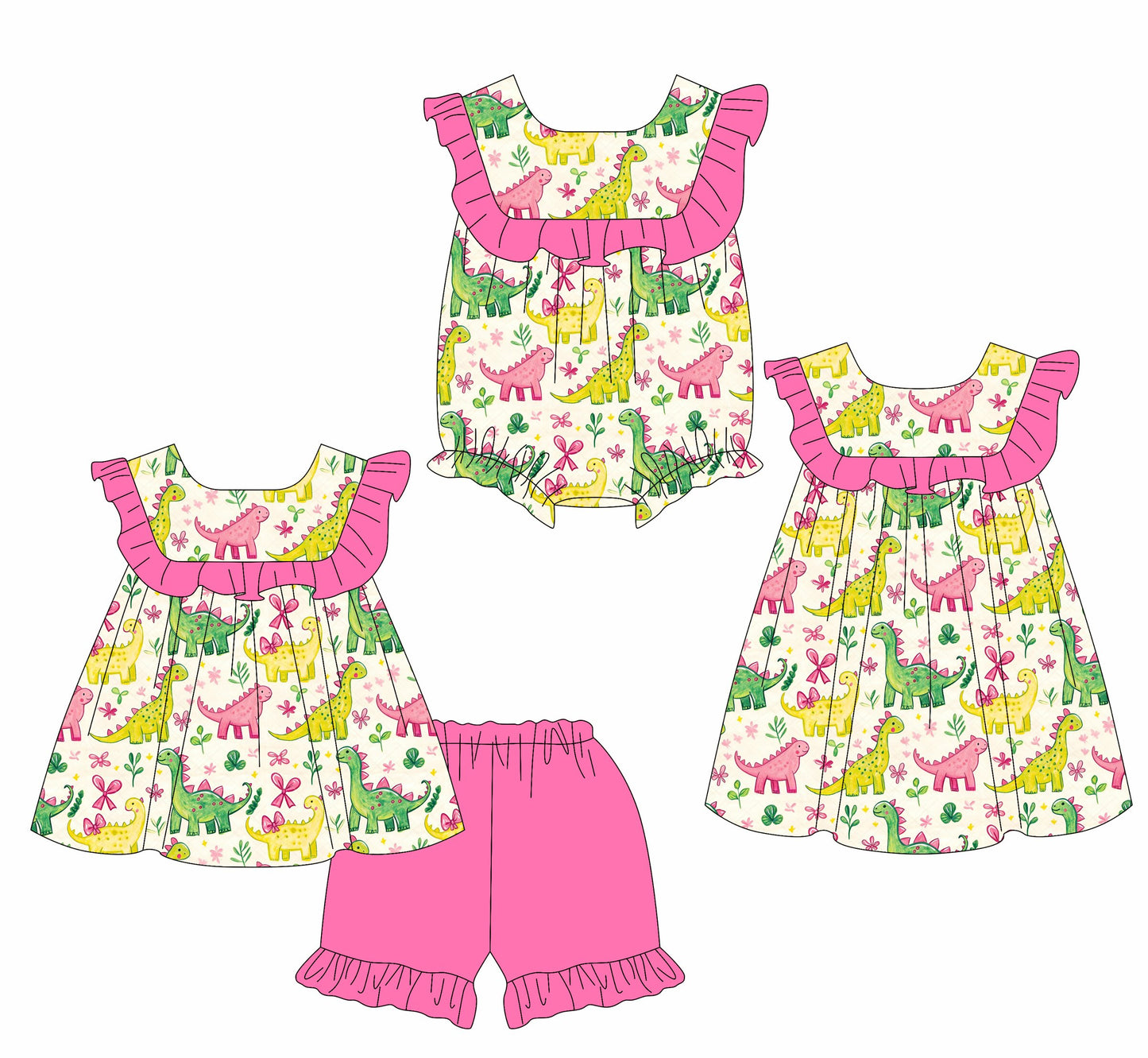 26.1.14 Custom MOQ:3 or 5 pcs each design milk silk Sibling baby girl clothes dinosaur short sleeve shorts sets and dress and romper
