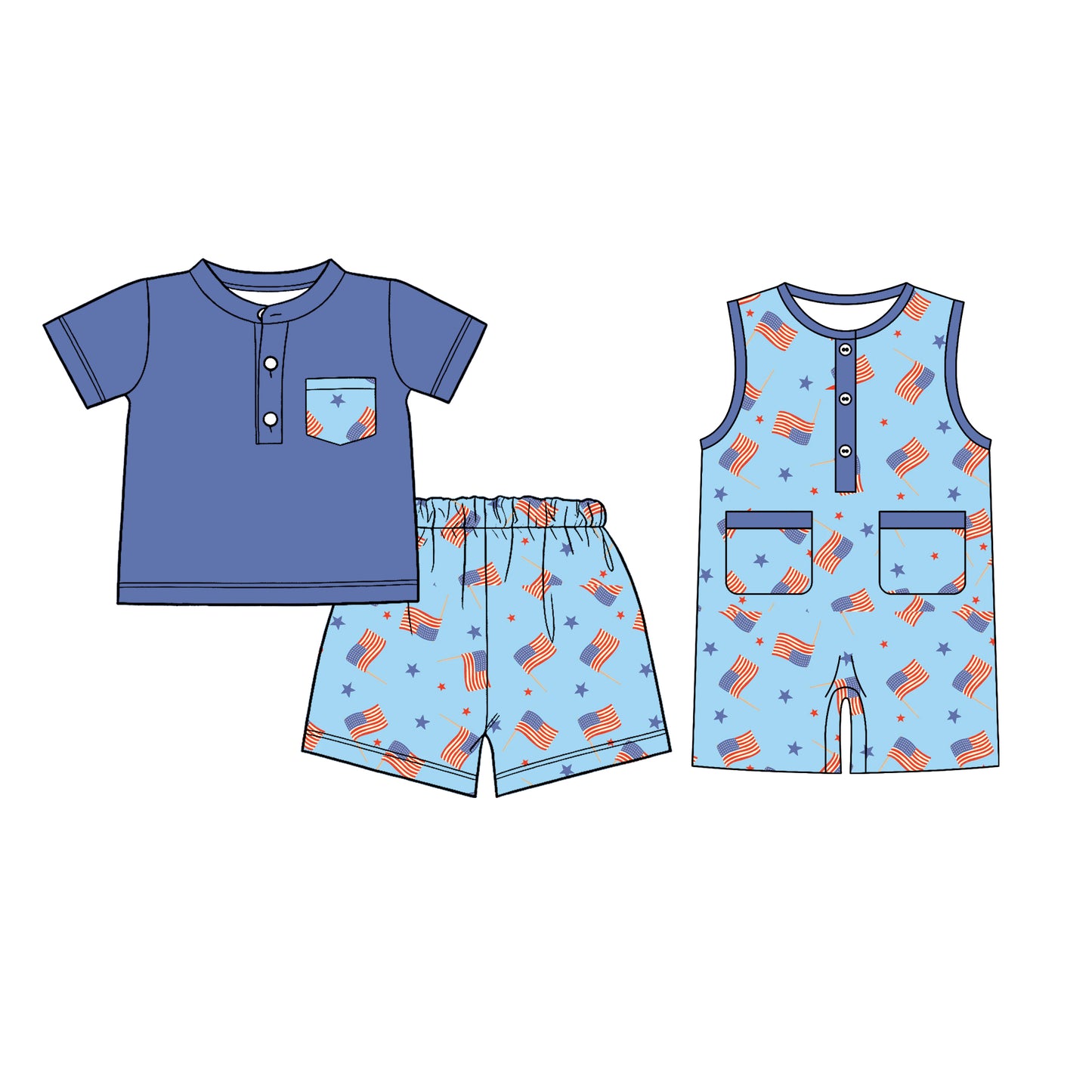 26.1.5 Custom MOQ:3 or 5 pcs each design milk silk Sibling baby boy clothes flag short sleeve shorts sets and romper