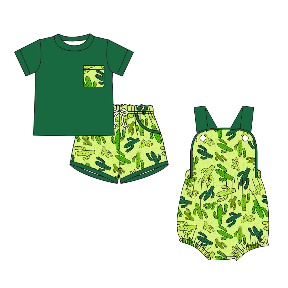 26.1.6 Custom MOQ:3 or 5 pcs each design milk silk Sibling baby boy clothes catcus short sleeve shorts sets and romper