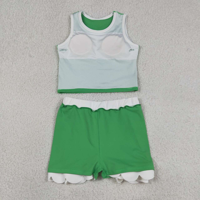 GSD4025 Kids Baby Girls Sleeveless Green Vest Scallop Skirt Short Yoga Active Clothes Set