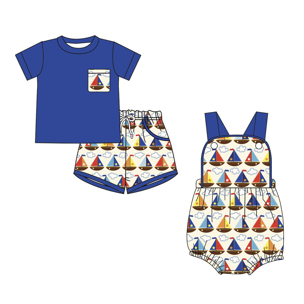 26.1.12 Custom MOQ:3 or 5 pcs each design milk silk Sibling baby boy clothes boat short sleeve shorts sets and romper
