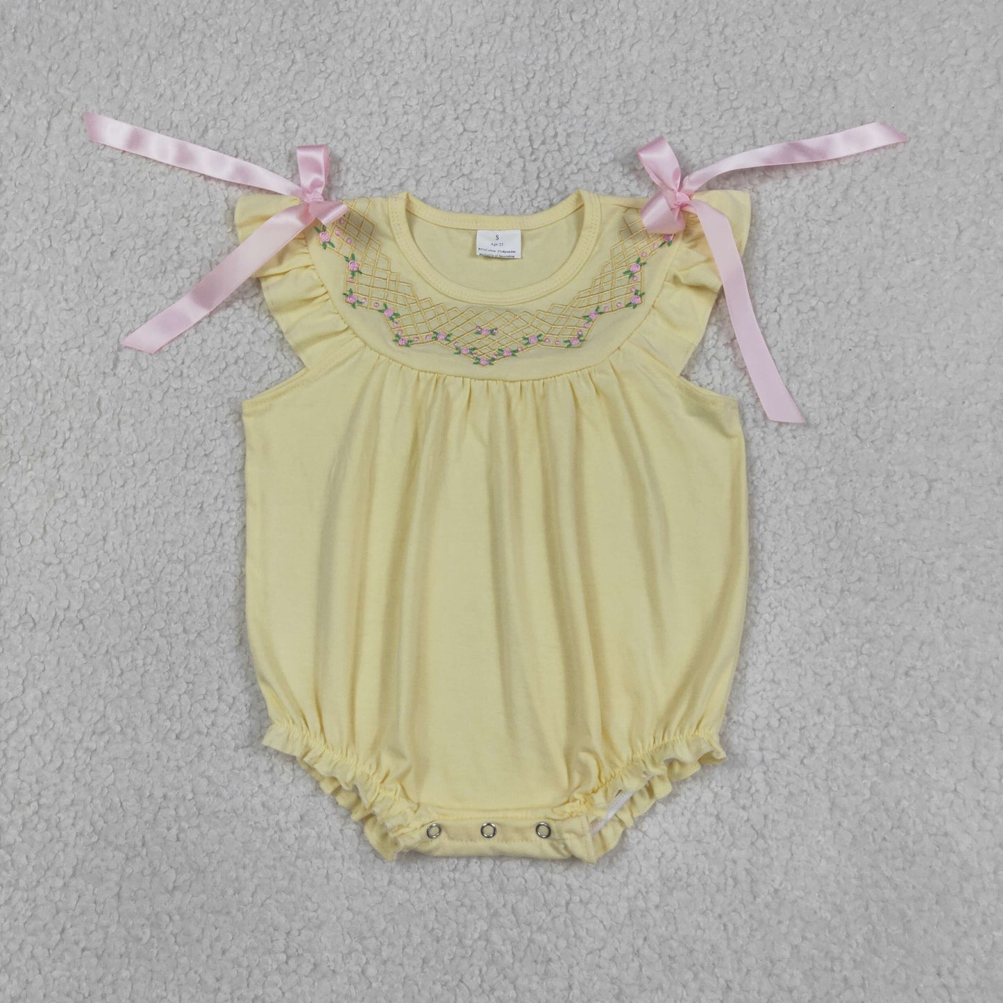 SR3561 Newborn Embroidery Flowers Checked Baby Girls Bows Flutter Sleeve Ruffle Rompers