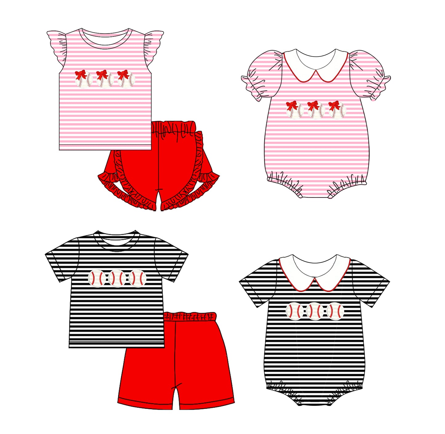 26.1.1 Custom MOQ:3 or 5 pcs each design milk silk Sibling baby girl boys clothes baseball bow short sleeve shorts sets 2 and romper 2