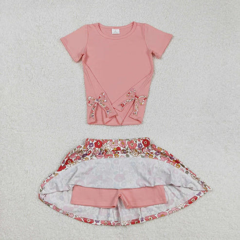 4.19 Sibling Embroidery Baby Girls Bow Top Flowers Skort Skirts Outfits