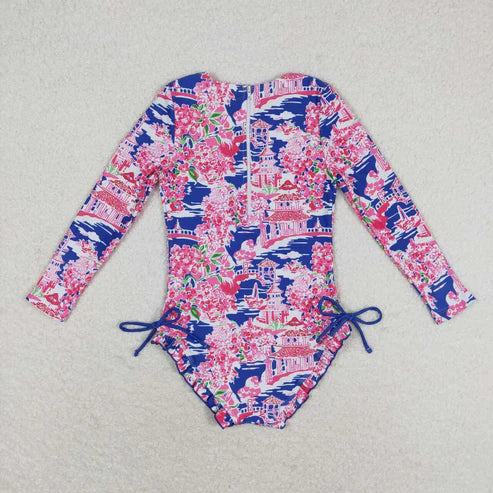 S0376 Flower scenery blue pink zipper long-sleeved one-piece swimsuit