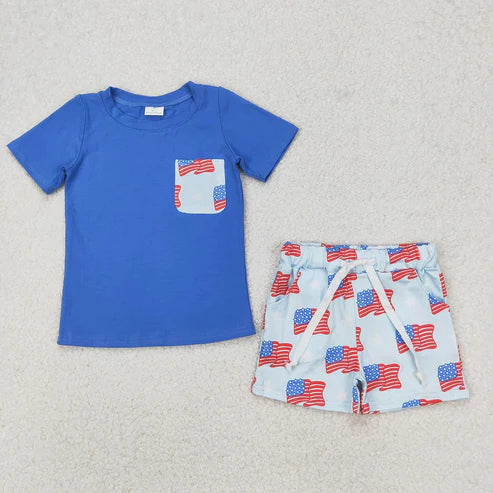 4.19 2 Colors Sibling Baby Boys 4th of July Flags Pocket Shirts Shorts Outfits