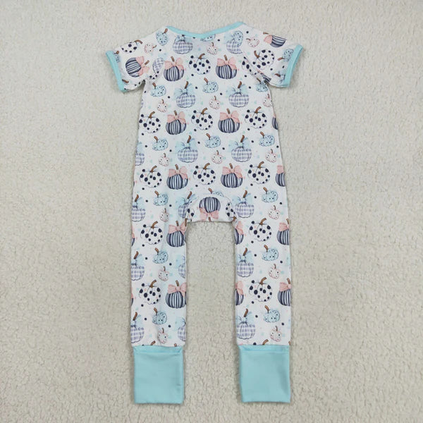 8.18 SR3109 Baby Infant Girls Blue Short Sleeves Bows Pumpkins Zipper Romper